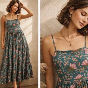 Anthropologie x RAGA Teal and Pink Floral Boho Maxi Dress 100% Cotton Medium